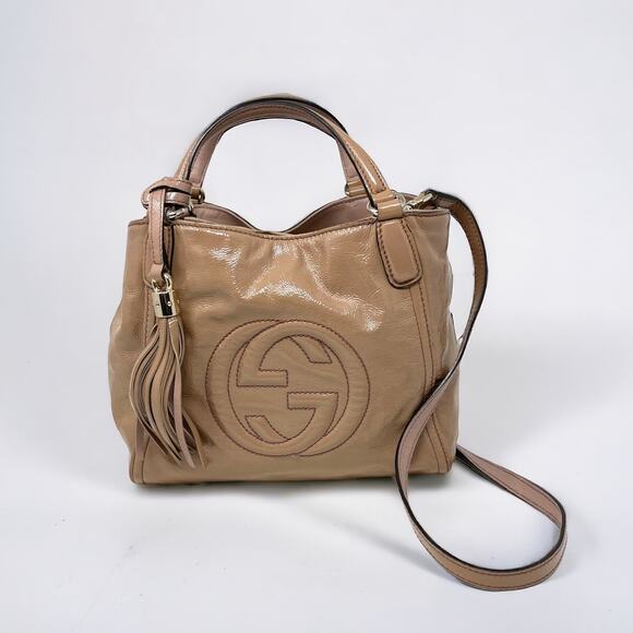 Gucci Soho Patent Leather 2 Way Tote Handbag Shoulder Bag Beige - Picture 1 of 17